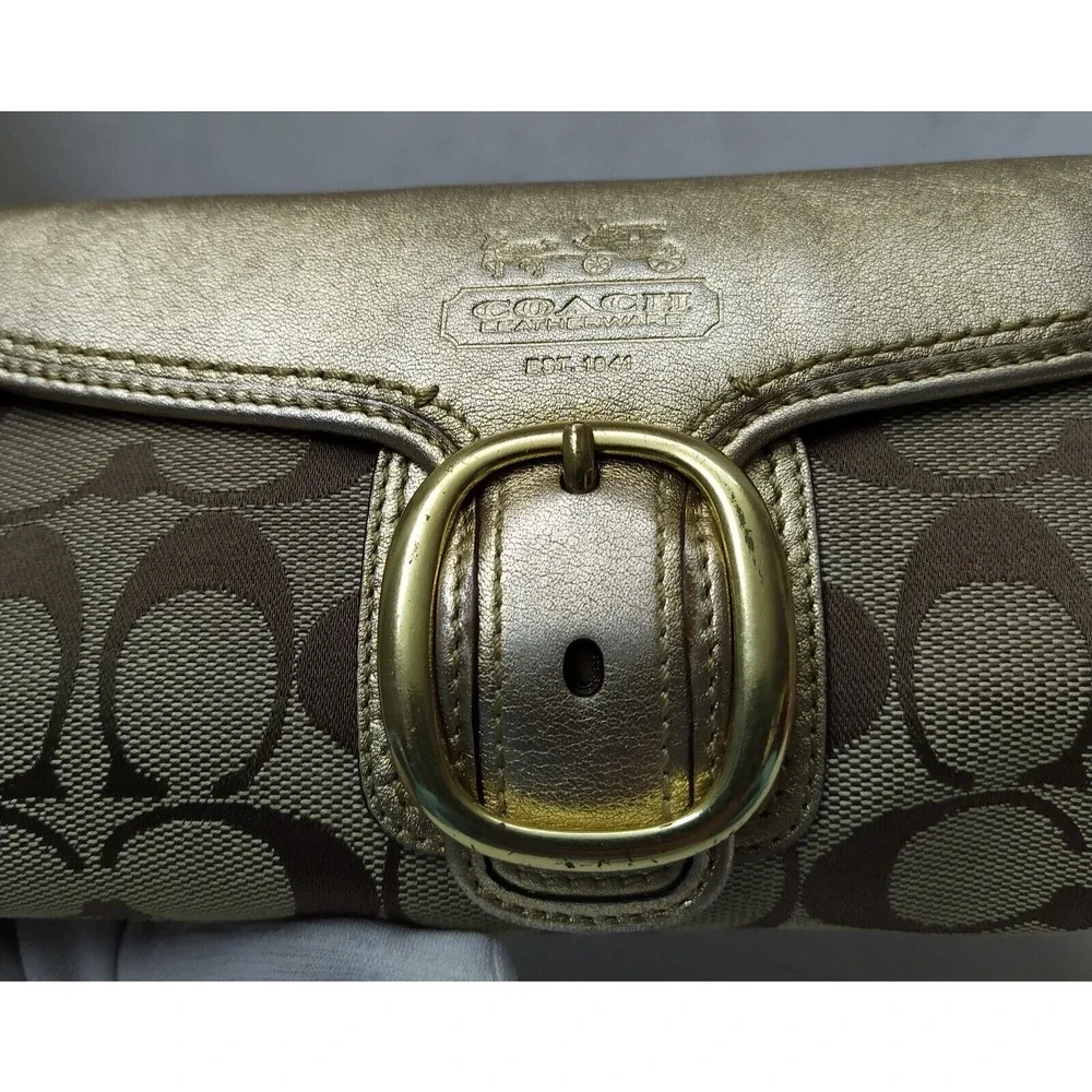 Coach Bleecker Signature Brown Canvas Gold Leather Buckle Trifold Wallet